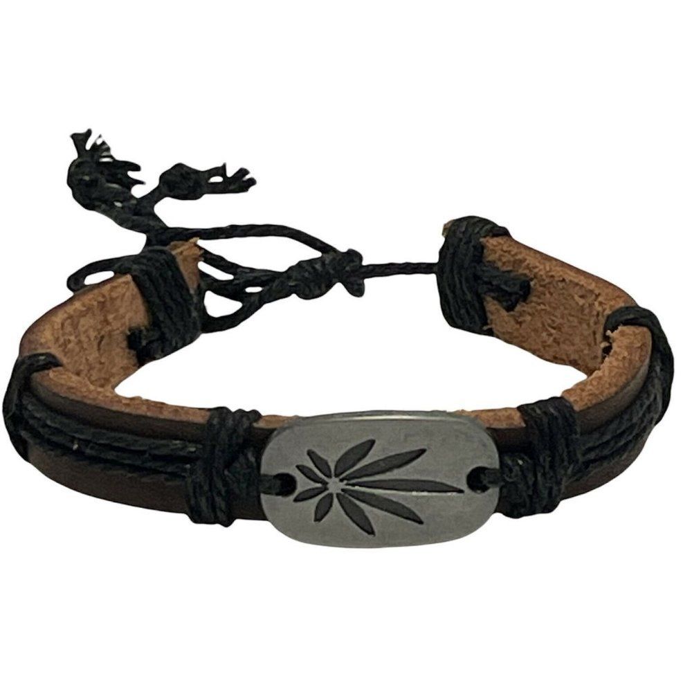 Rasta Brown Weed Pot Tobacco Leaf Genuine Leather Bracelet Adjustable
